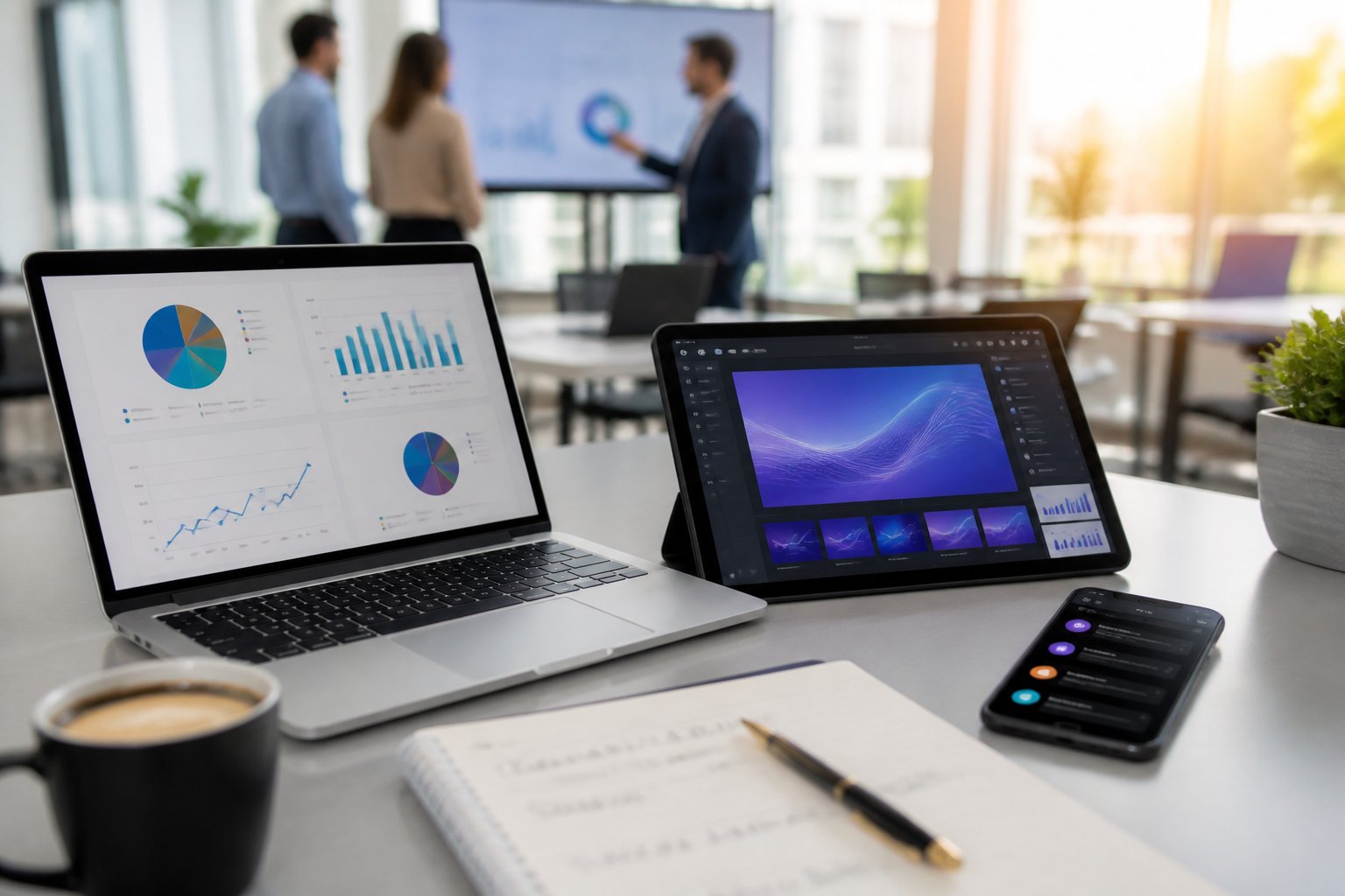 Ein moderner Arbeitsplatz mit Laptop, Tablet und Smartphone, auf denen Pr&auml;sentationssoftware angezeigt wird, in einem hellen B&uuml;ro mit Kollegen im Hintergrund.