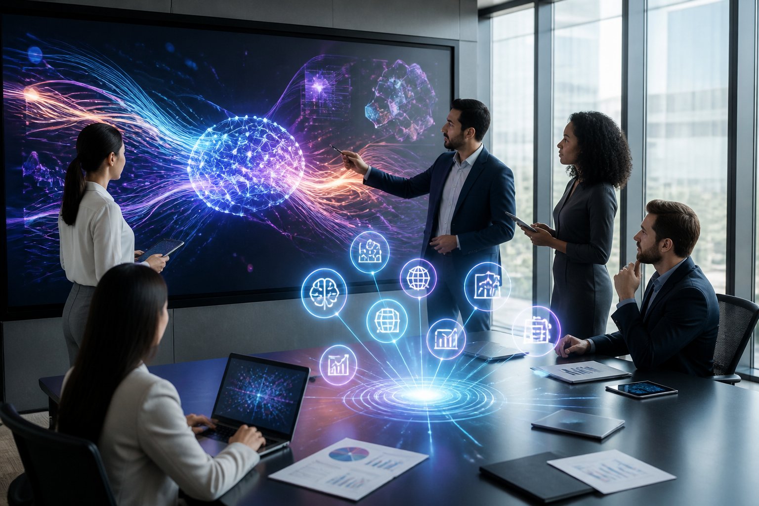 Eine Gruppe von Gesch&auml;ftspersonen arbeitet gemeinsam an einem digitalen Touchscreen in einem modernen B&uuml;ro, umgeben von Symbolen f&uuml;r KI-Tools.