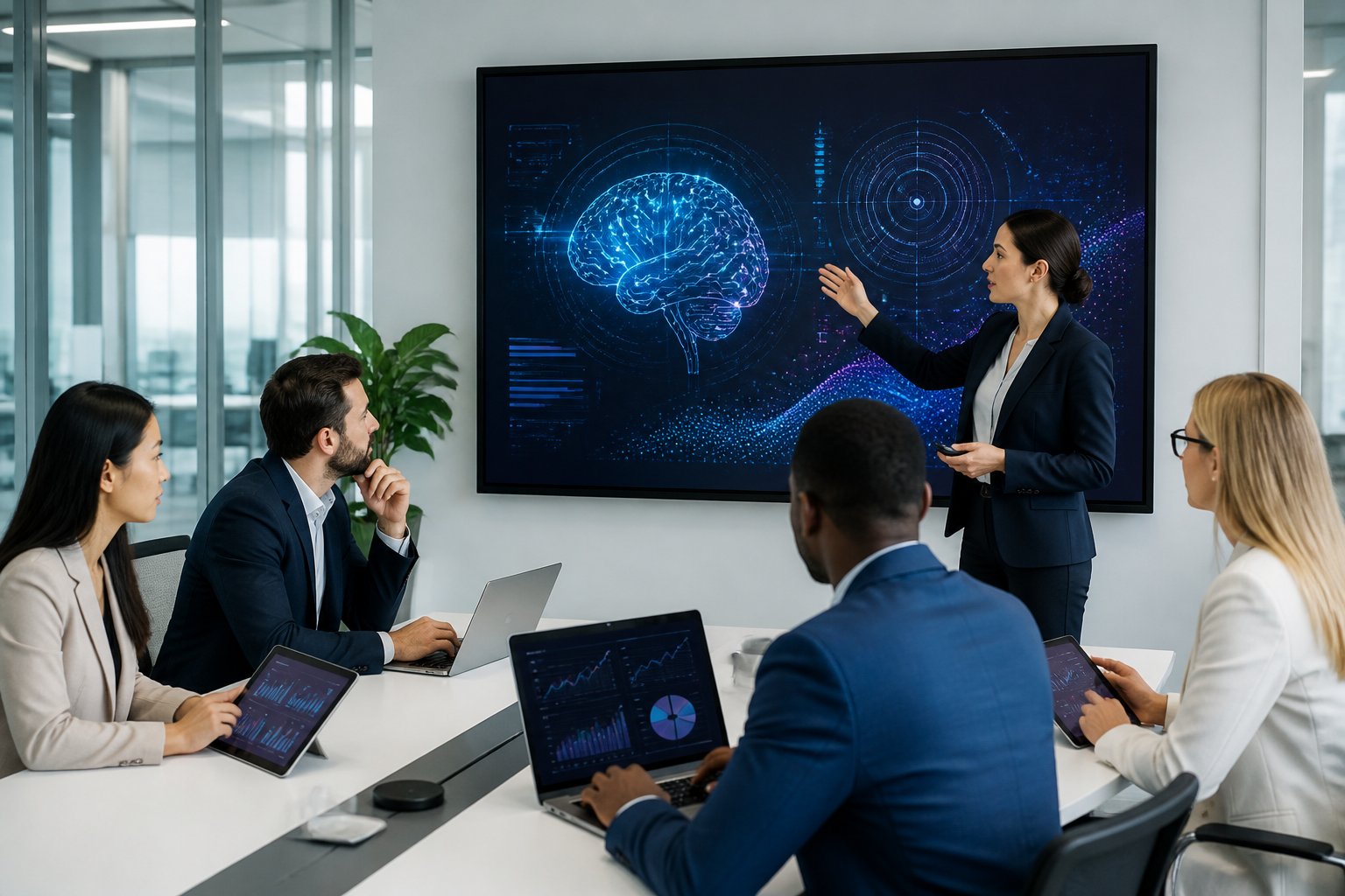 Eine Gruppe von Gesch&auml;ftsleuten arbeitet gemeinsam in einem modernen B&uuml;ro an einer Pr&auml;sentation mit digitalen Ger&auml;ten und einem gro&szlig;en Bildschirm.