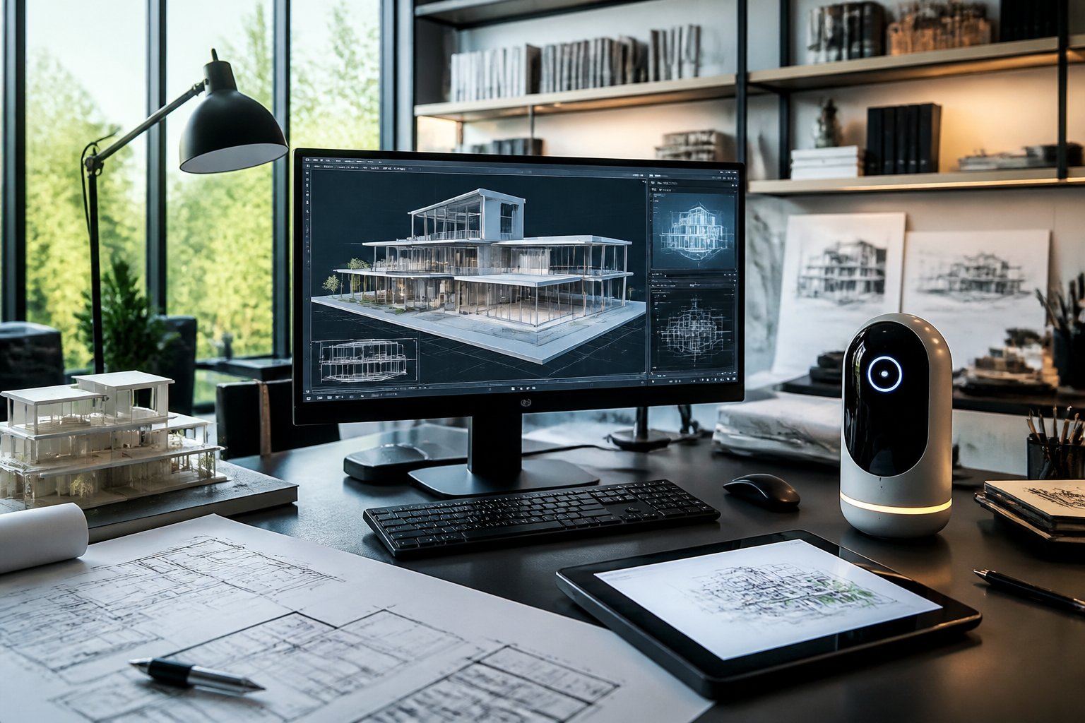 Ein moderner Architektarbeitsplatz mit Computer, digitalen Zeichnungen und Architekturmodellen in einem hellen Büro.