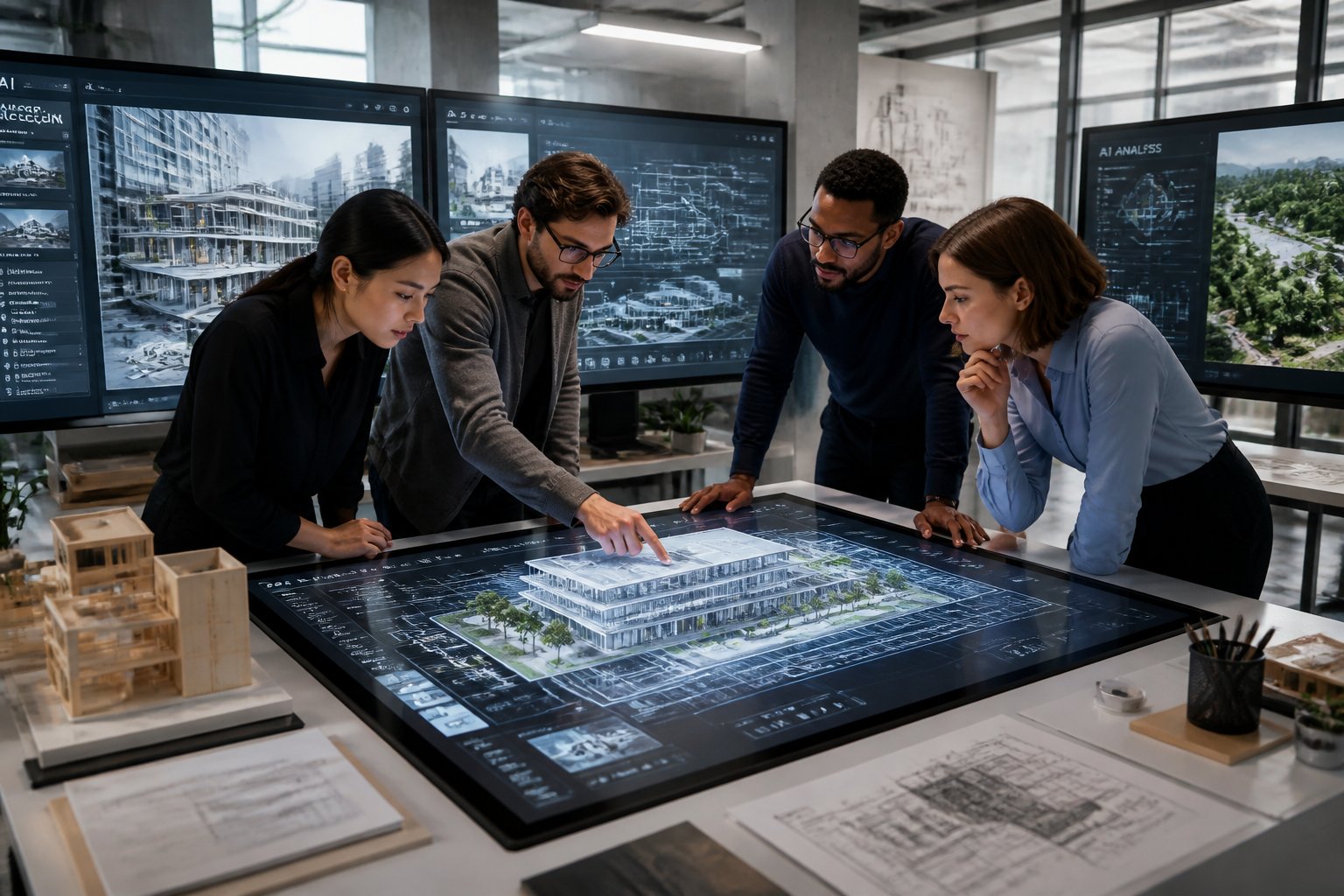 Architekten arbeiten gemeinsam in einem modernen Büro mit digitalen 3D-Modellen und Bildschirmen, die Architekturvisualisierungen zeigen.