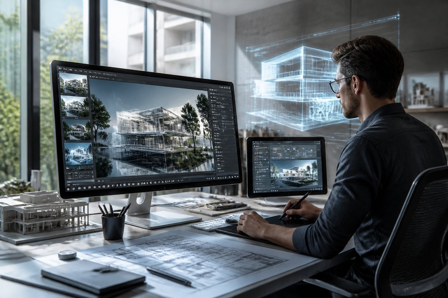 Ein moderner Arbeitsplatz mit einem Architekten, der an einem Computer komplexe 3D-Modelle und KI-gestützte Entwürfe bearbeitet.