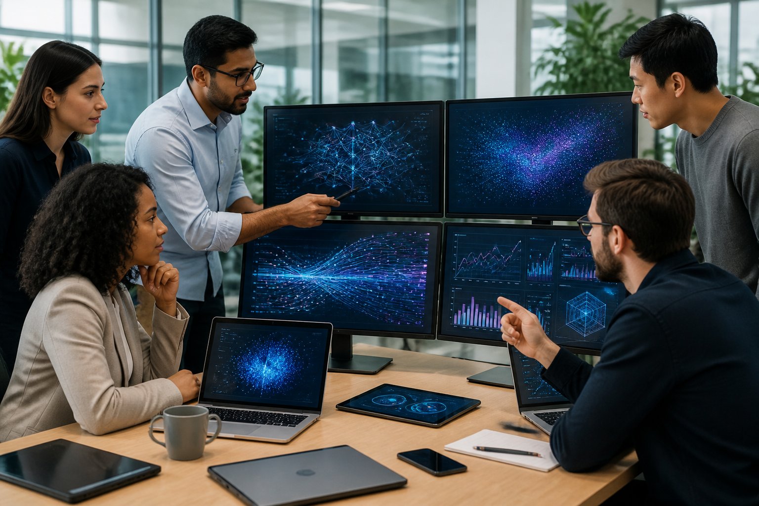 Mehrere Personen arbeiten gemeinsam an Computern mit Datenvisualisierungen in einem modernen Büro.