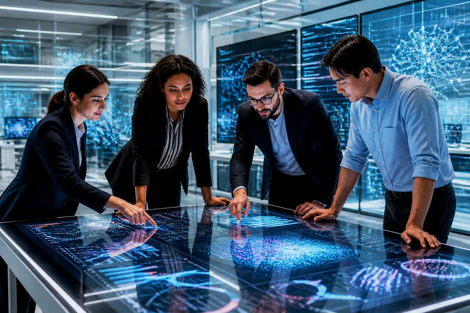 Mehrere Fachleute arbeiten gemeinsam an einem digitalen Tisch mit Datenvisualisierungen und KI-Diagrammen in einem modernen B&uuml;ro.