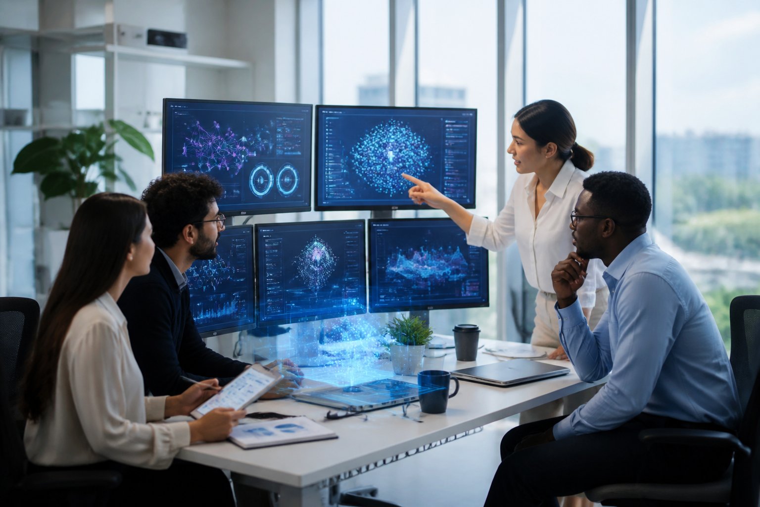 Ein modernes B&uuml;ro mit mehreren Personen, die vor Bildschirmen mit Datenvisualisierungen und KI-Dashboards zusammenarbeiten.