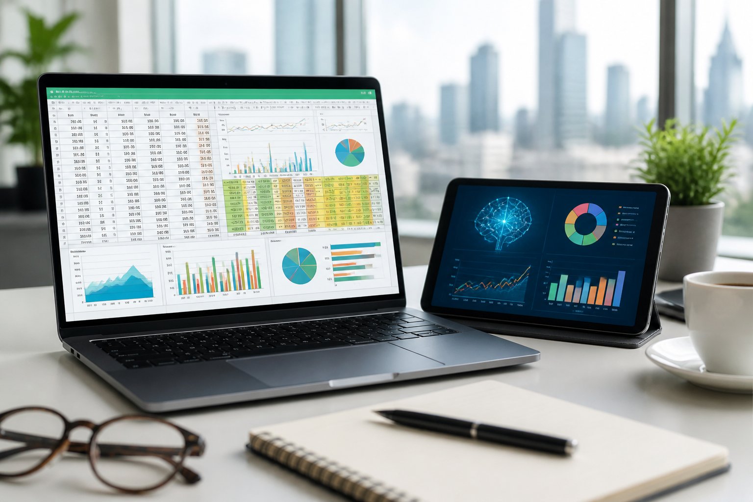 Ein moderner Arbeitsplatz mit einem Laptop, der eine Excel-Tabelle mit Diagrammen zeigt, neben einem Tablet mit Datenvisualisierungen, in einem hellen Büro.