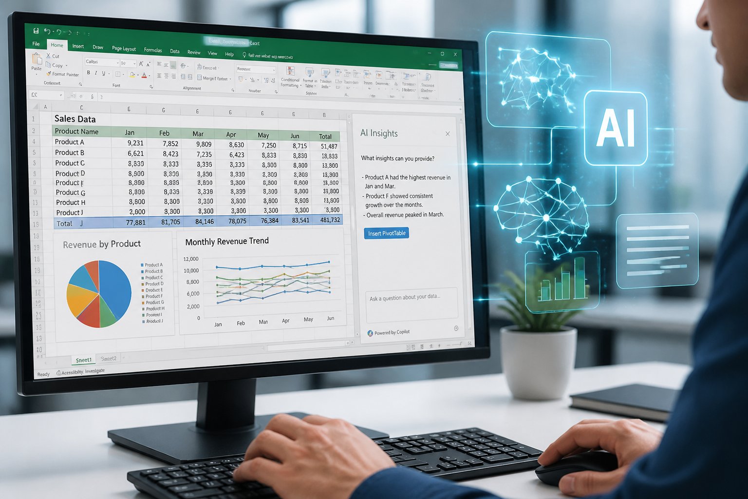Ein moderner Arbeitsplatz mit einem Computer, auf dem eine Excel-Tabelle mit Daten und Diagrammen angezeigt wird, und einer Hand, die die Tastatur bedient.