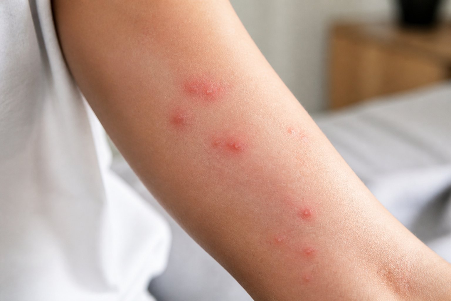 Close-up of an arm with red, raised bite marks from bed bugs.
