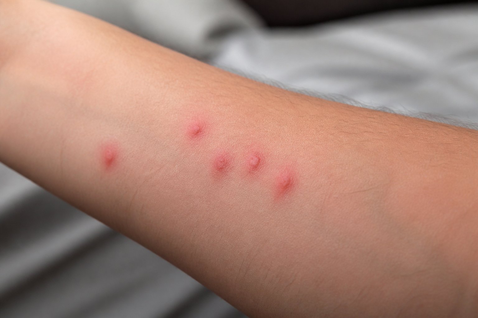 Close-up of a forearm with several red, raised bed bug bites in a cluster.
