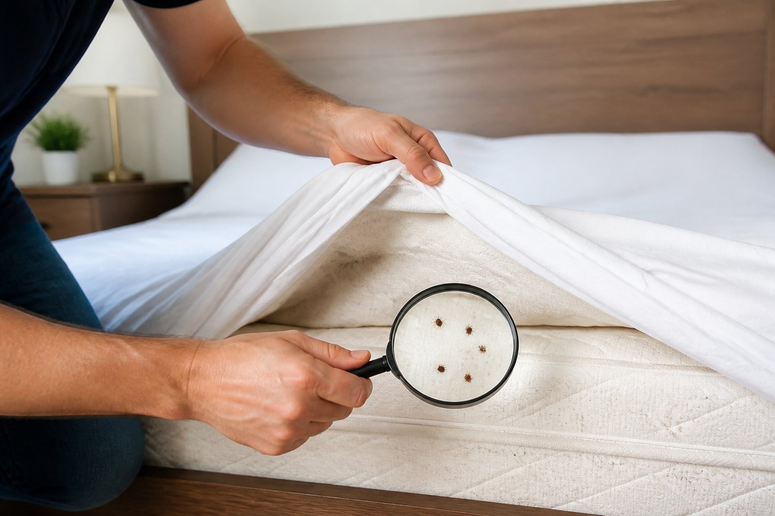 A person lifting the corner of a mattress to inspect for bed bugs with a magnifying glass in a tidy bedroom.