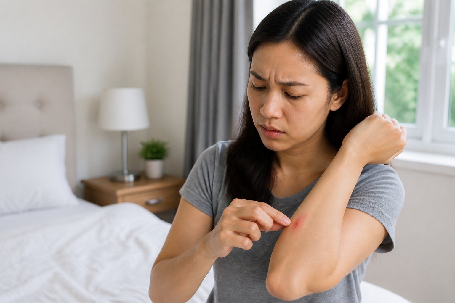 An adult closely examining a small red bite mark on their arm in a bedroom.