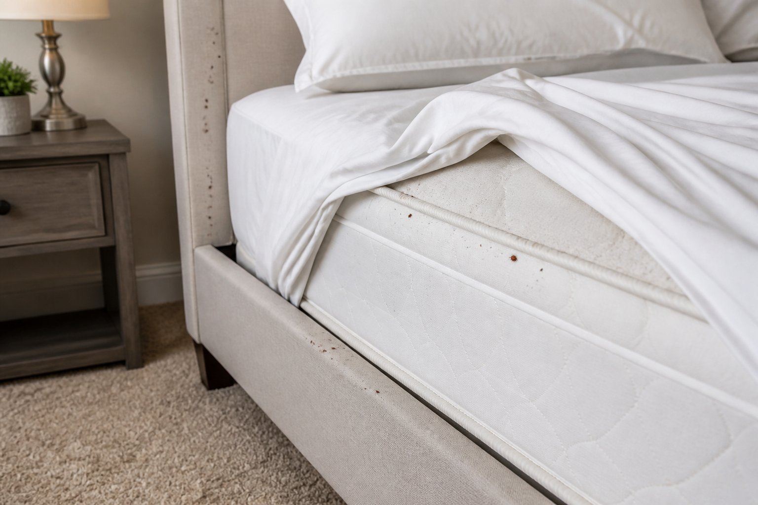 Close-up of a bed mattress and bed frame in a bedroom showing areas where bed bugs are commonly found.