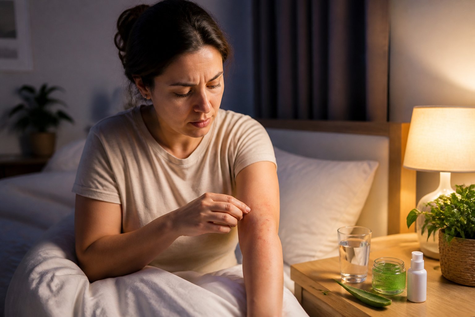 A person sitting on a bed examining red bites on their arm with natural remedies and a night lamp on a bedside table.