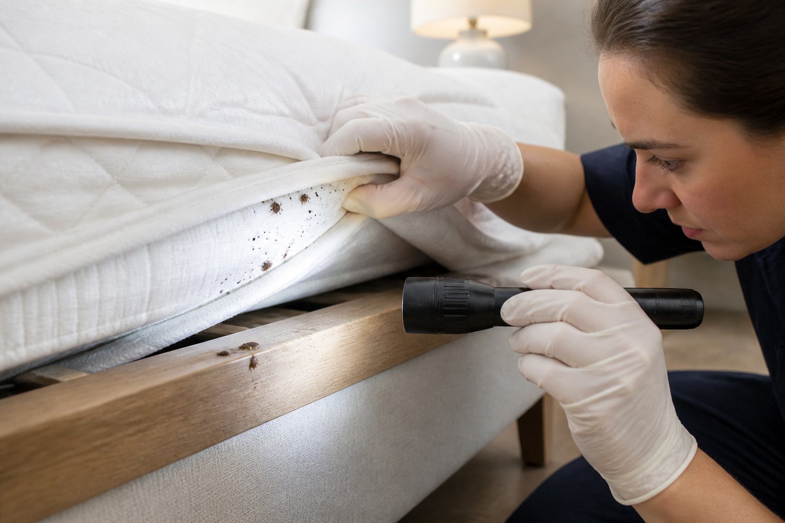 A person inspecting a mattress and bed frame with a flashlight, looking closely for bed bugs in a bedroom.