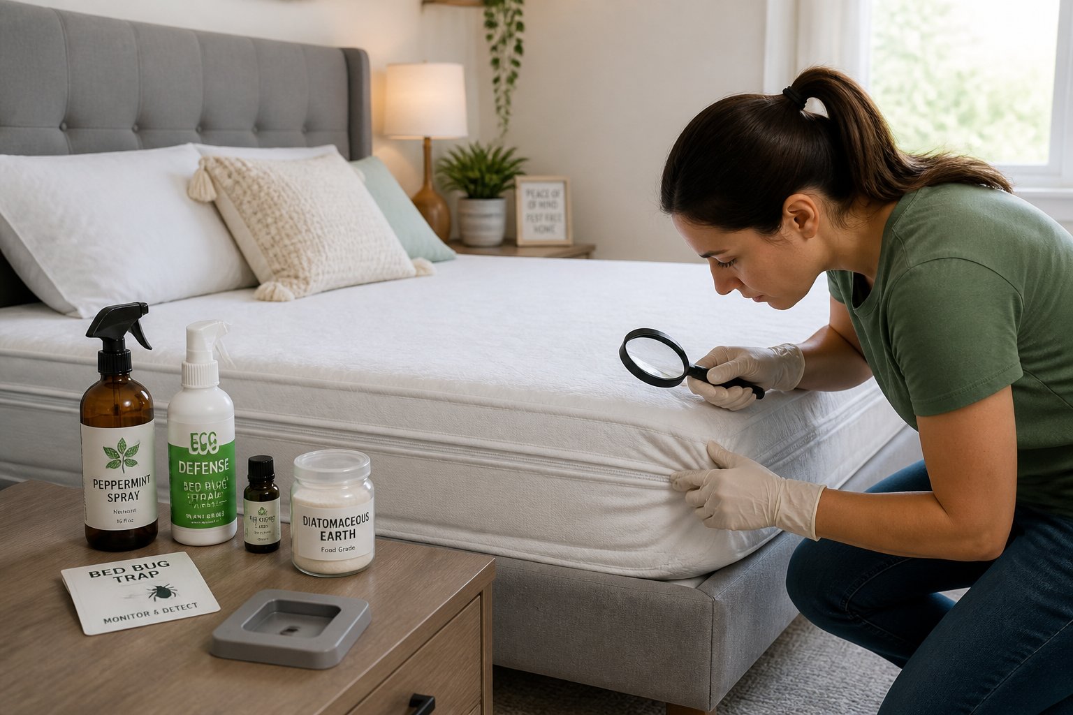 A person wearing gloves inspects a mattress in a clean bedroom with eco-friendly pest control products on a bedside table.