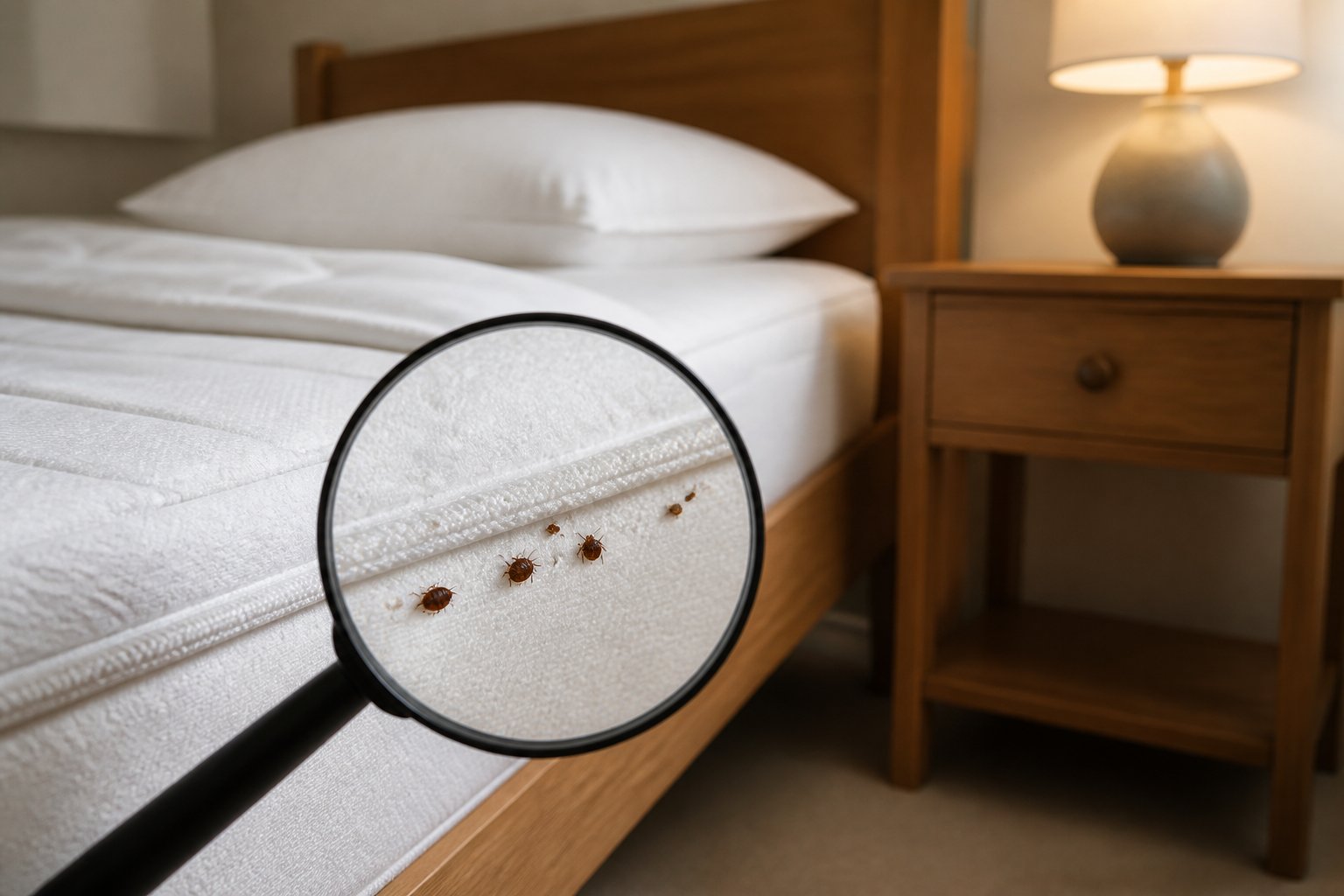 Close-up of a mattress edge and bed frame in a bedroom, highlighting common hiding spots for bed bugs.