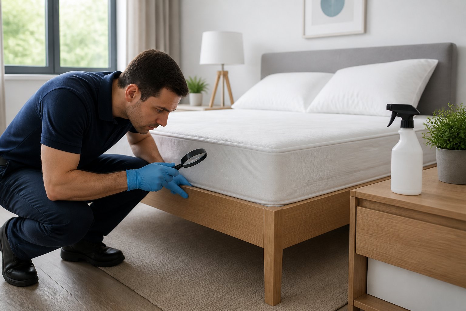 A person inspecting a bed with gloves and a magnifying glass in a clean bedroom with a mattress cover and insect spray on a nightstand.