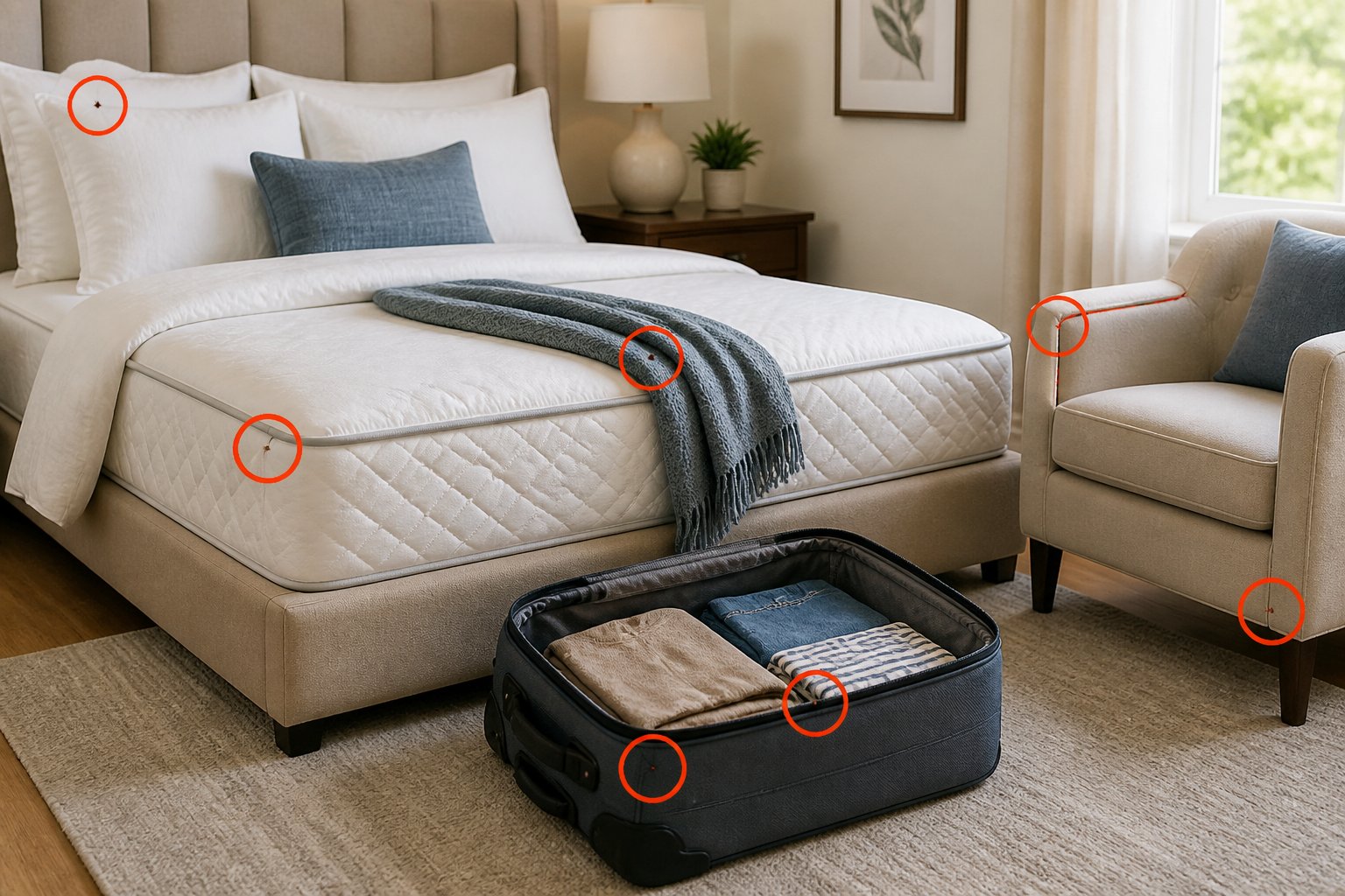 A clean bedroom showing a bed, an open suitcase on the floor, and an armchair, highlighting places where bed bugs might hide.