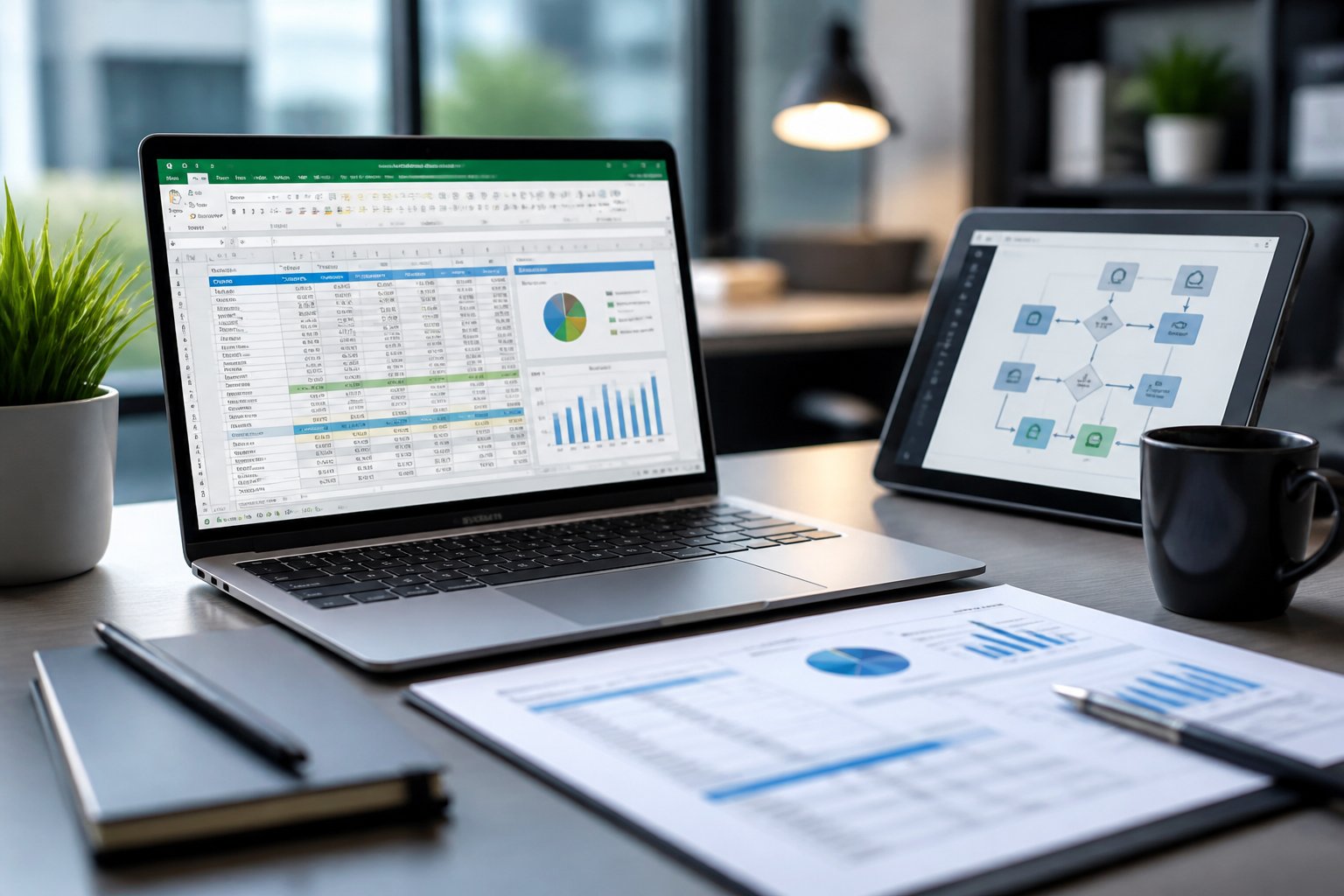 Moderner Arbeitsplatz mit Laptop, der eine Excel-Tabelle zeigt, gedrucktem PDF-Dokument und einem Tablet mit Automatisierungsdiagrammen.