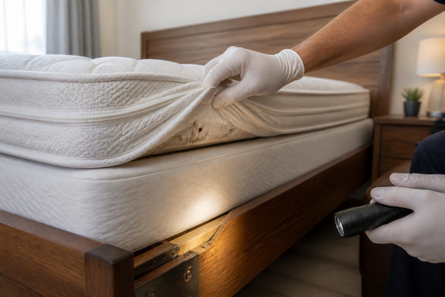 A person wearing a glove inspecting mattress seams and bed frame crevices for bed bugs in a bedroom.