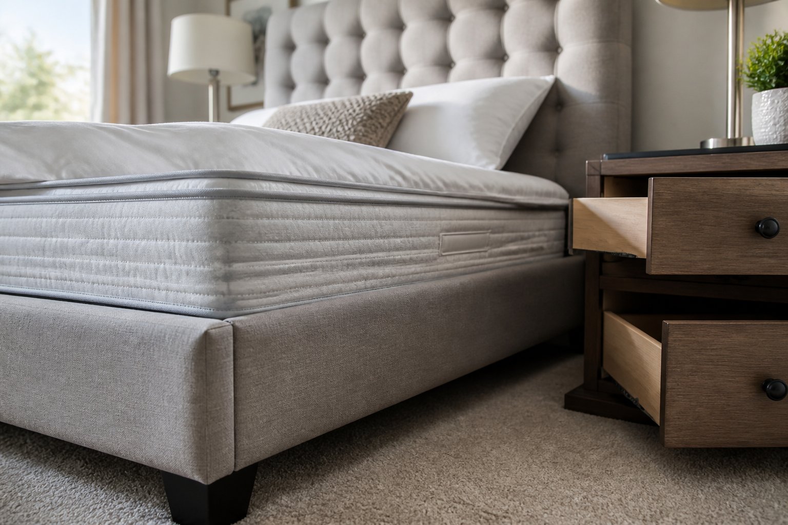 A close-up view of a neatly made bed and nearby furniture showing mattress seams, headboard, and nightstand drawers in a bedroom.