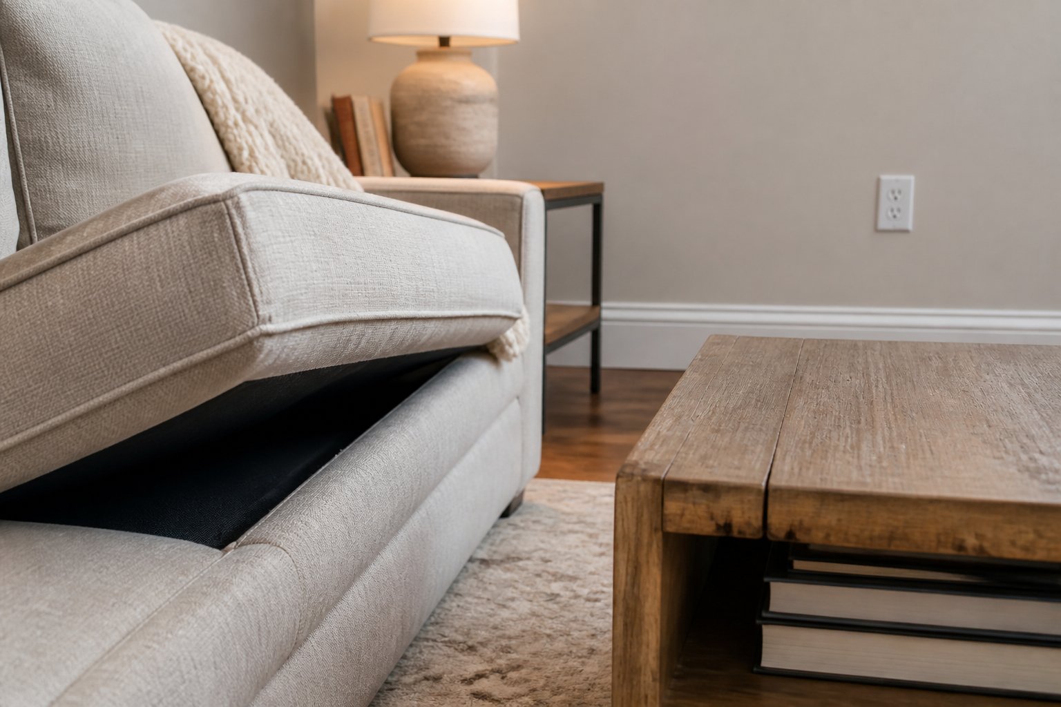 A clean living room showing a sofa, coffee table, and wall baseboards, highlighting common hiding spots for bed bugs.