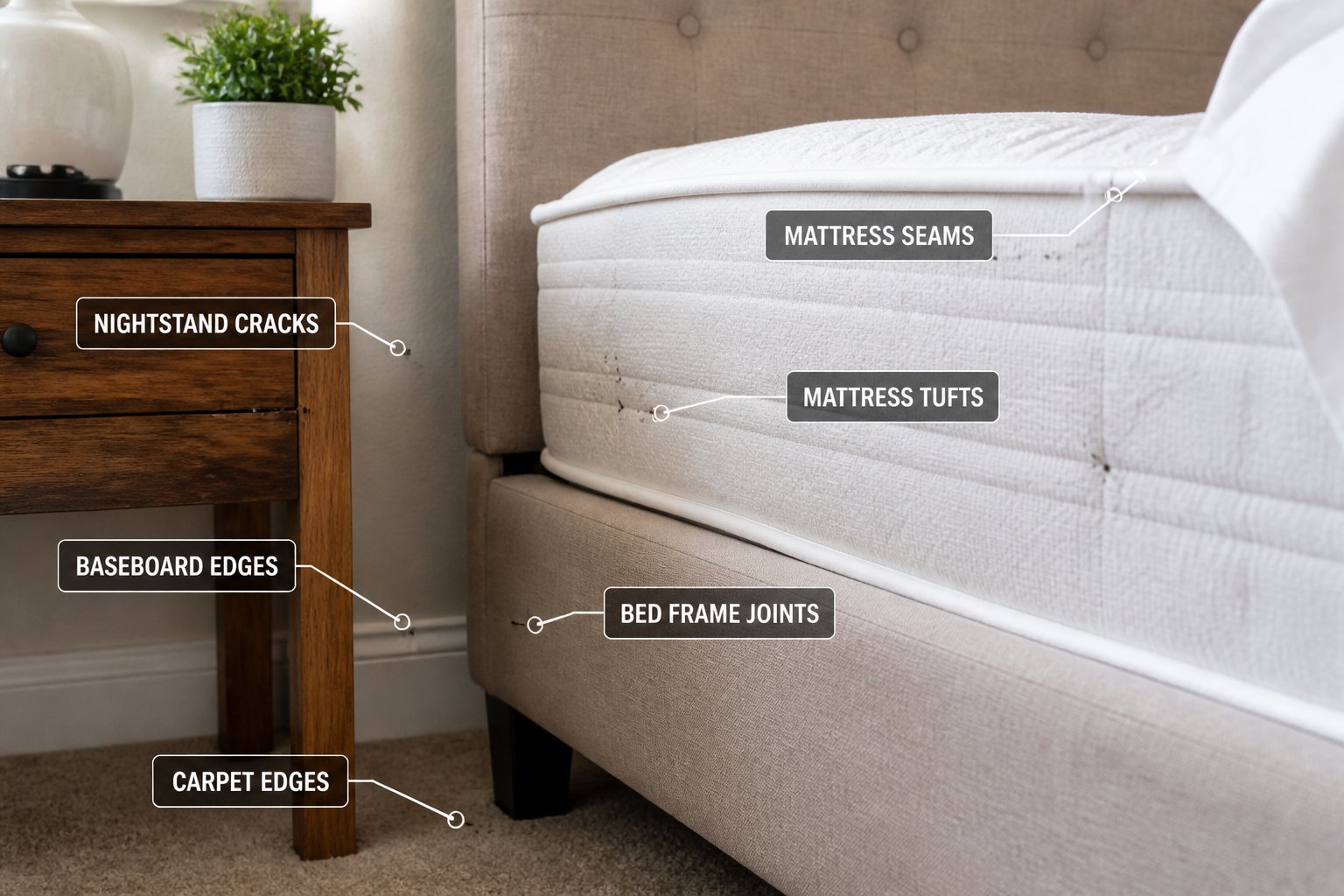Close-up view of a bed and nearby furniture showing common hiding places for bed bugs, including mattress seams, bed frame, and cracks in a nightstand.