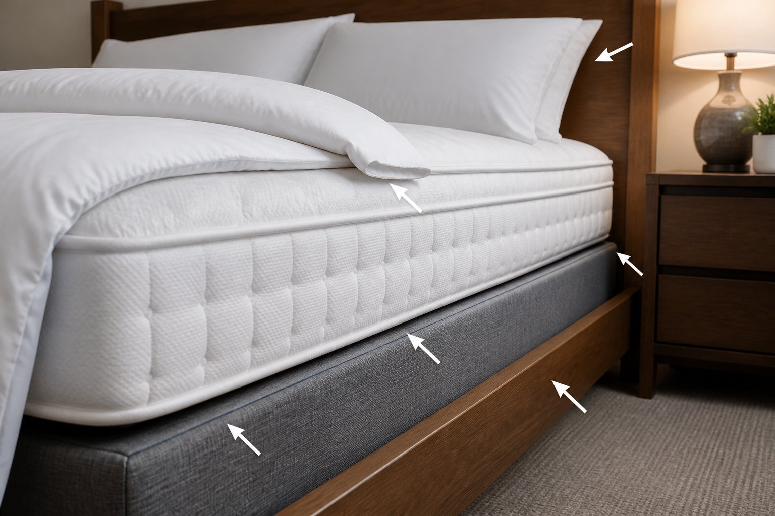 Close-up of a neatly made bed showing mattress seams, bed frame edges, and headboard crevices where bed bugs commonly hide.