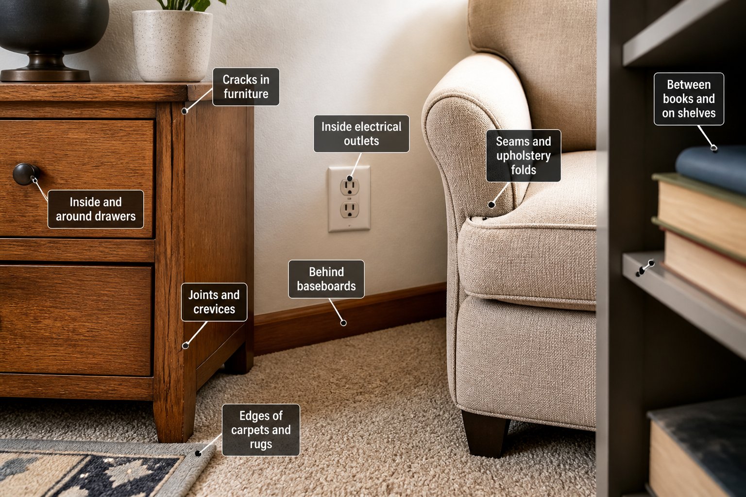 Close-up view of a bedroom corner showing furniture and household items with potential hiding spots for bed bugs, including cracks in wood, upholstery seams, carpet edges, and electrical outlets.