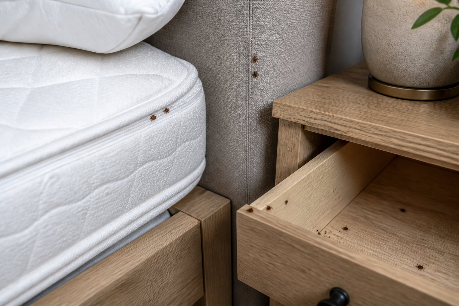 Close-up of a bed and nearby furniture showing common hiding spots for bed bugs, including mattress seams, bed frame joints, and a nightstand drawer.