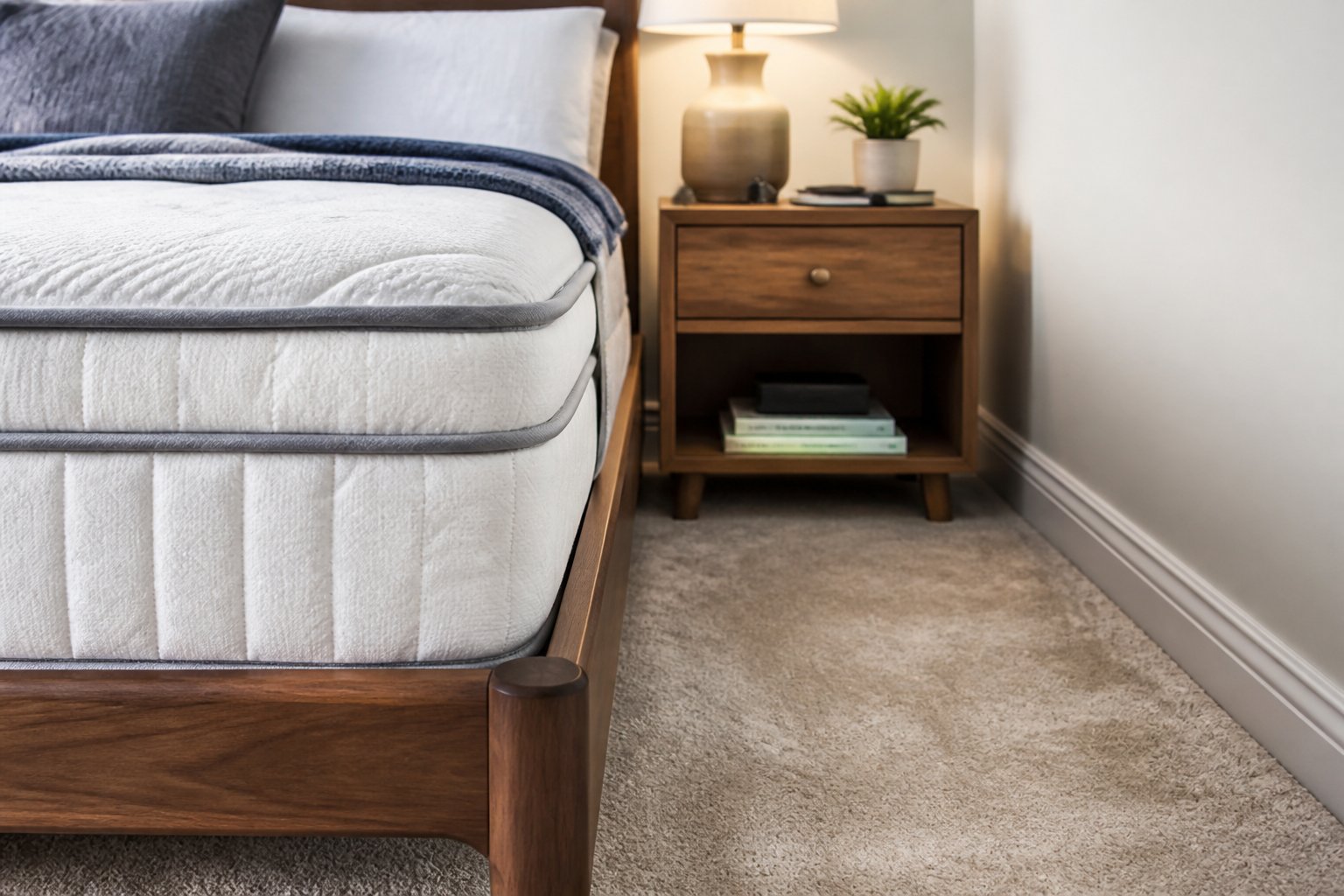 Close-up of a bed and nightstand in a bedroom showing common hiding places for bed bugs like mattress seams and baseboards.