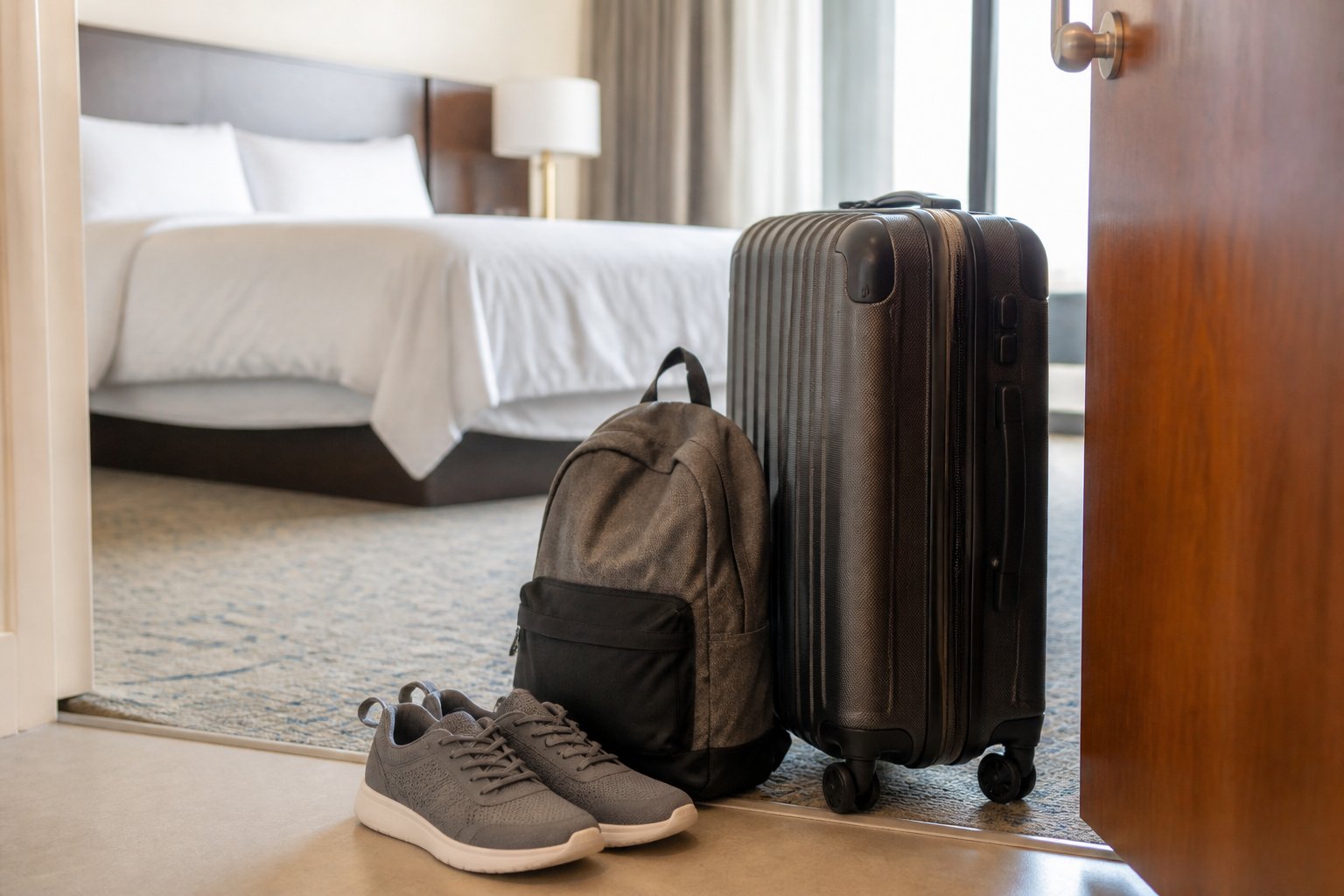 Suitcase, backpack, and shoes near a hotel room door with a bed and carpeted floor in the background.