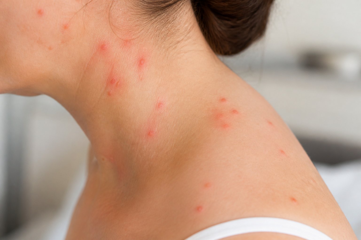 Close-up of a person's skin showing red bite marks on the arms, neck, and shoulders.