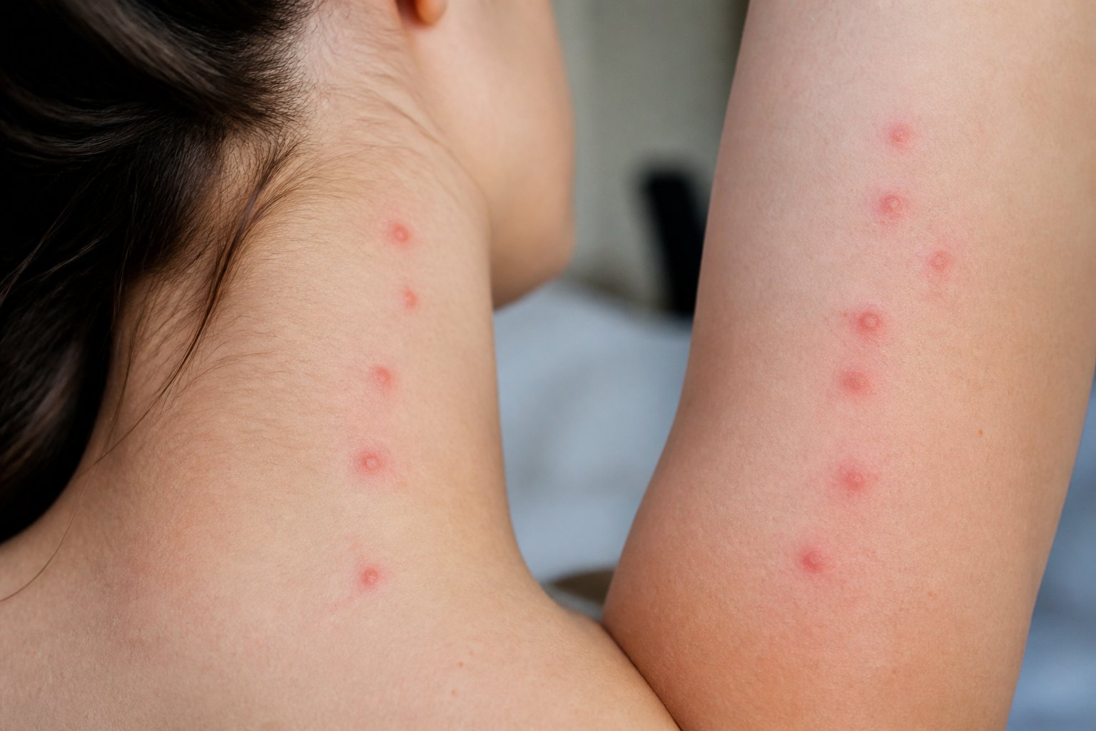 Close-up of a person's arm and neck showing multiple small red bite marks arranged in a pattern.