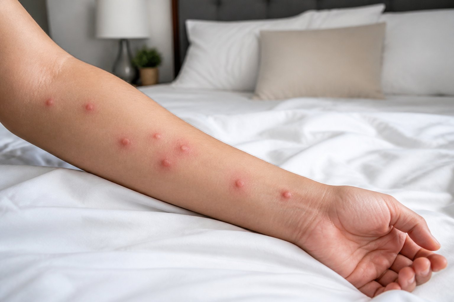 Close-up of a person's arm resting on a bed with visible red bite marks and a neatly made bed in the background.