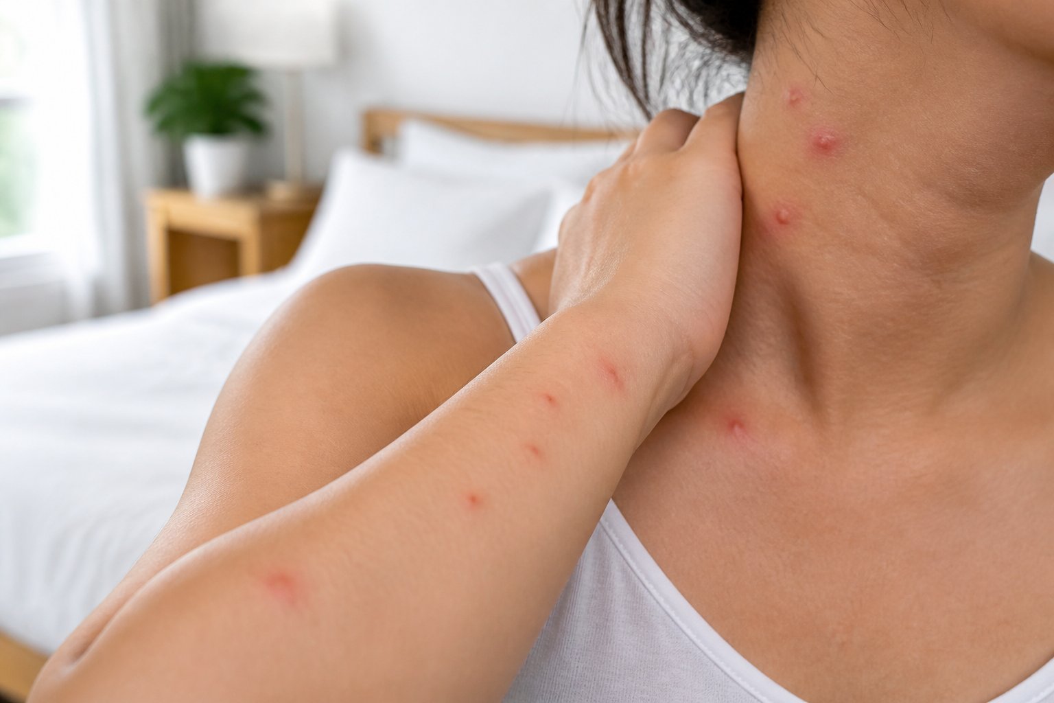 Close-up of a person's arm and neck with small red bite marks, in a softly blurred bedroom setting.