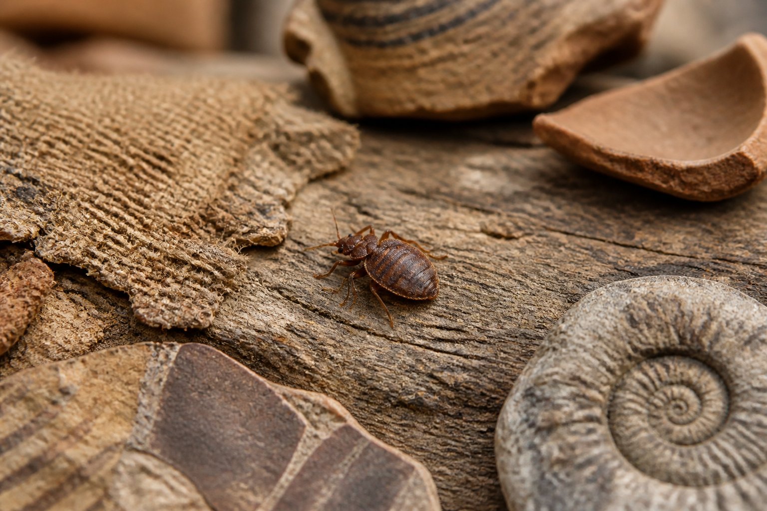 Close-up of a bed bug on an aged surface surrounded by ancient pottery shards and fossil fragments.