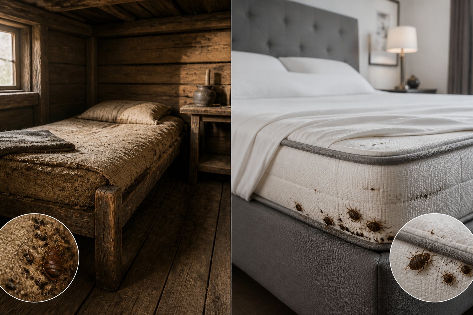 Split image showing an old wooden cabin bedroom on the left and a modern bedroom with bed bugs on the mattress on the right.
