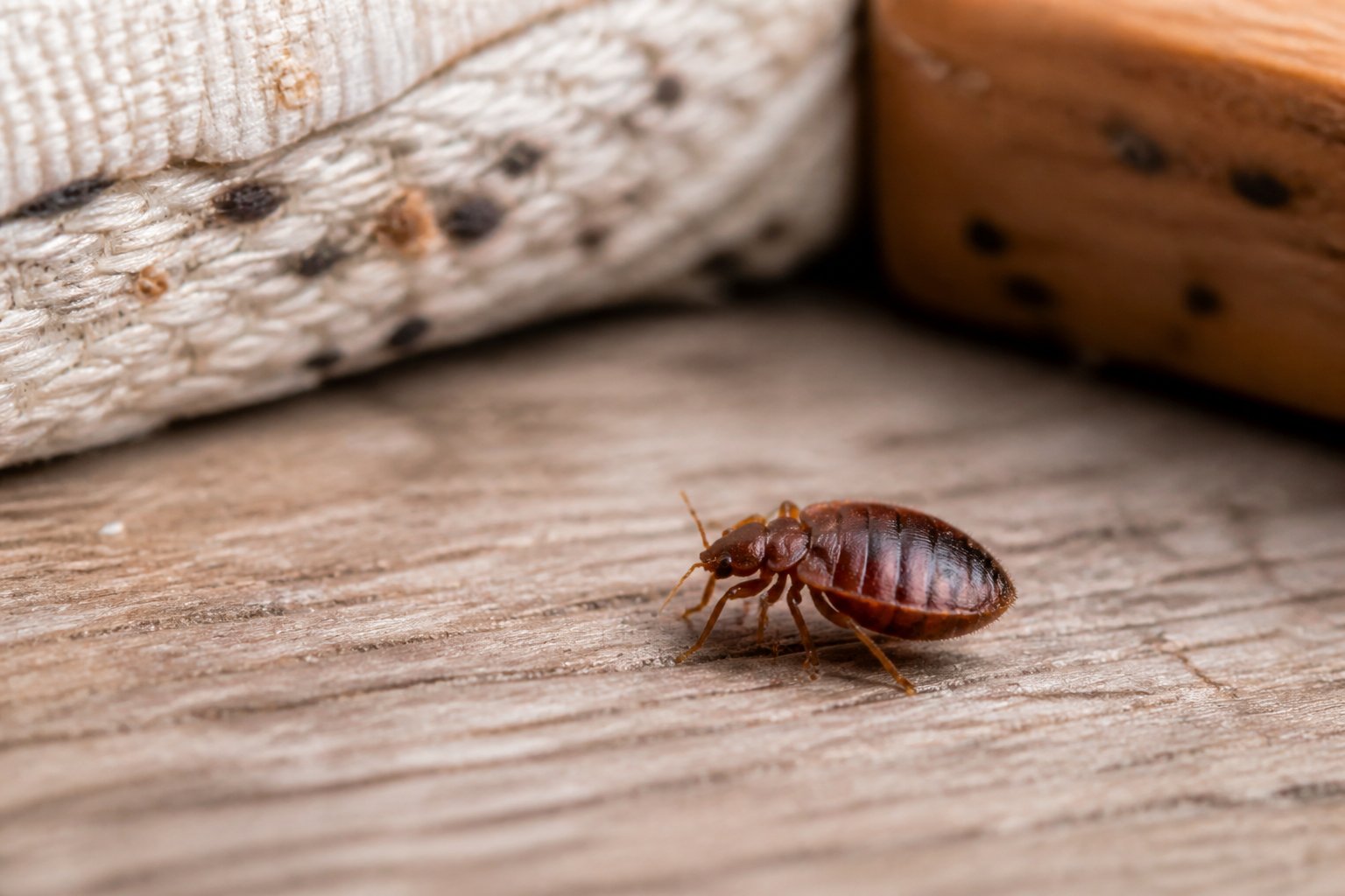 Close-up of a bed bug on a textured surface with a blurred home environment background.