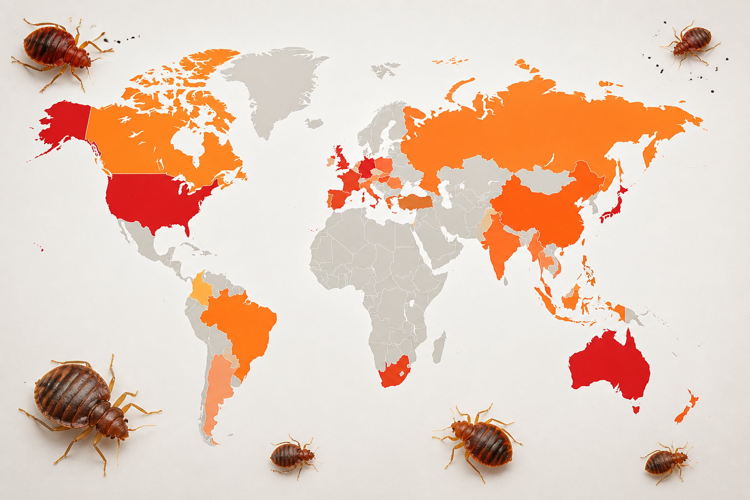A world map highlighting countries with the highest bed bug activity, accompanied by detailed close-up images of bed bugs.