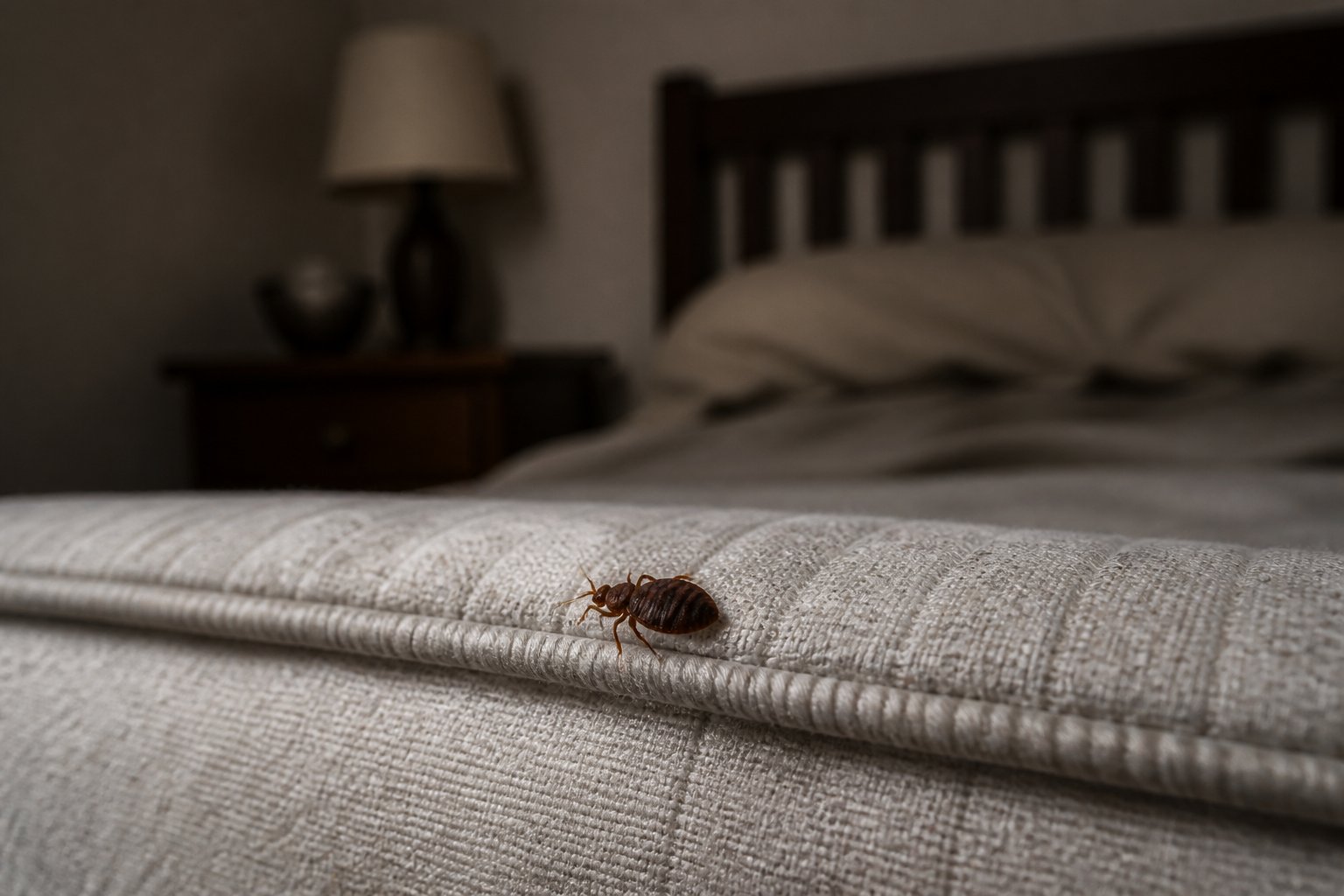 Close-up of a bed bug on a mattress seam in a bedroom setting.