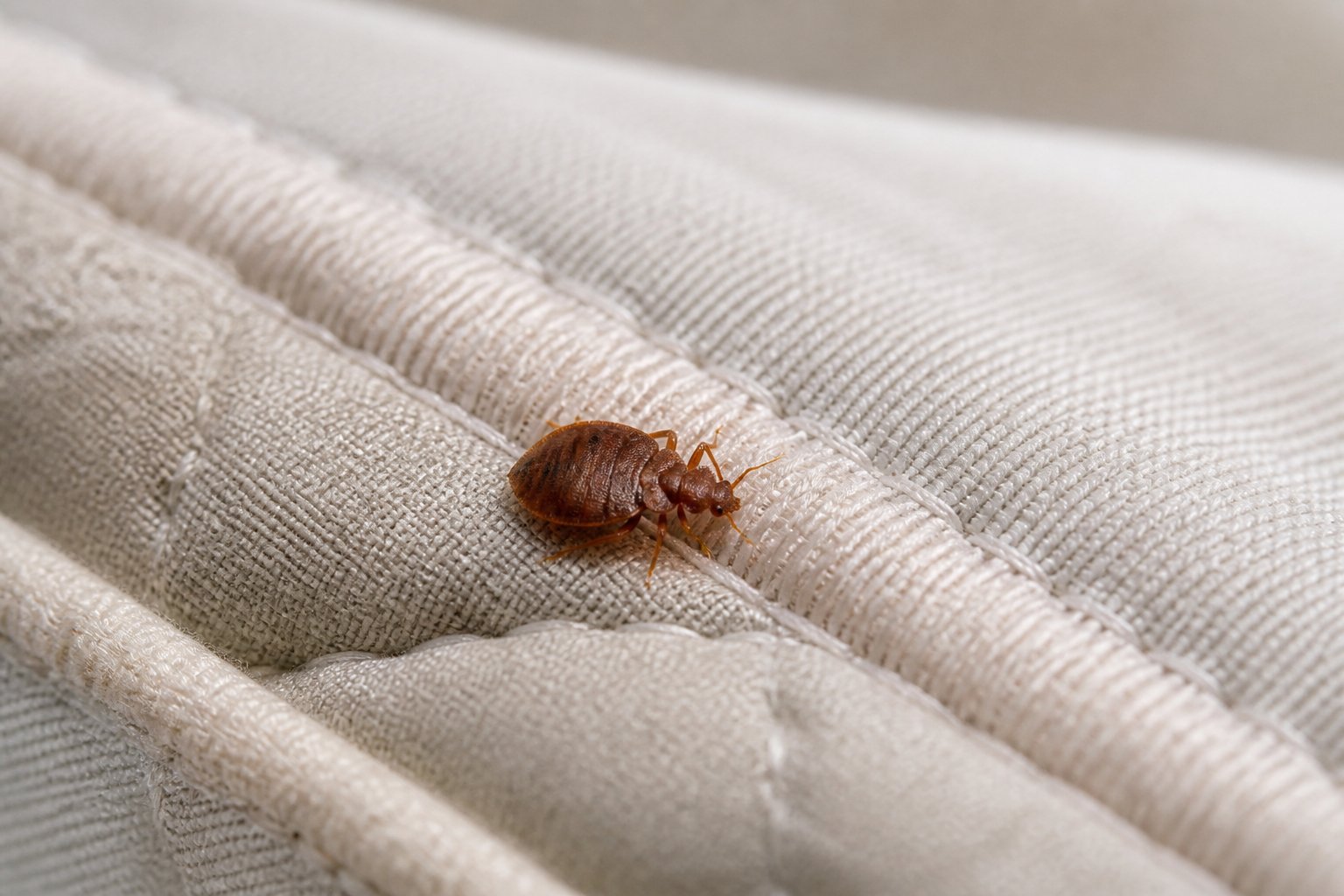 Close-up of a bed bug on a mattress seam.