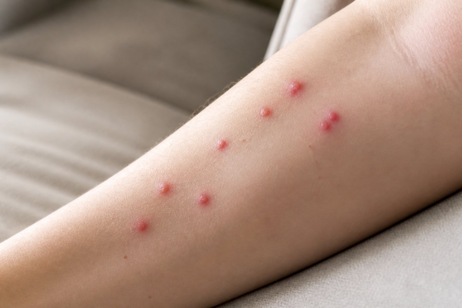 Close-up of a person's arm with small red bite marks clustered together.