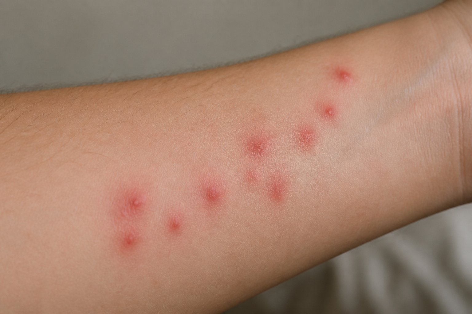 Close-up of a person's forearm showing multiple red bed bug bite marks in a clustered pattern.