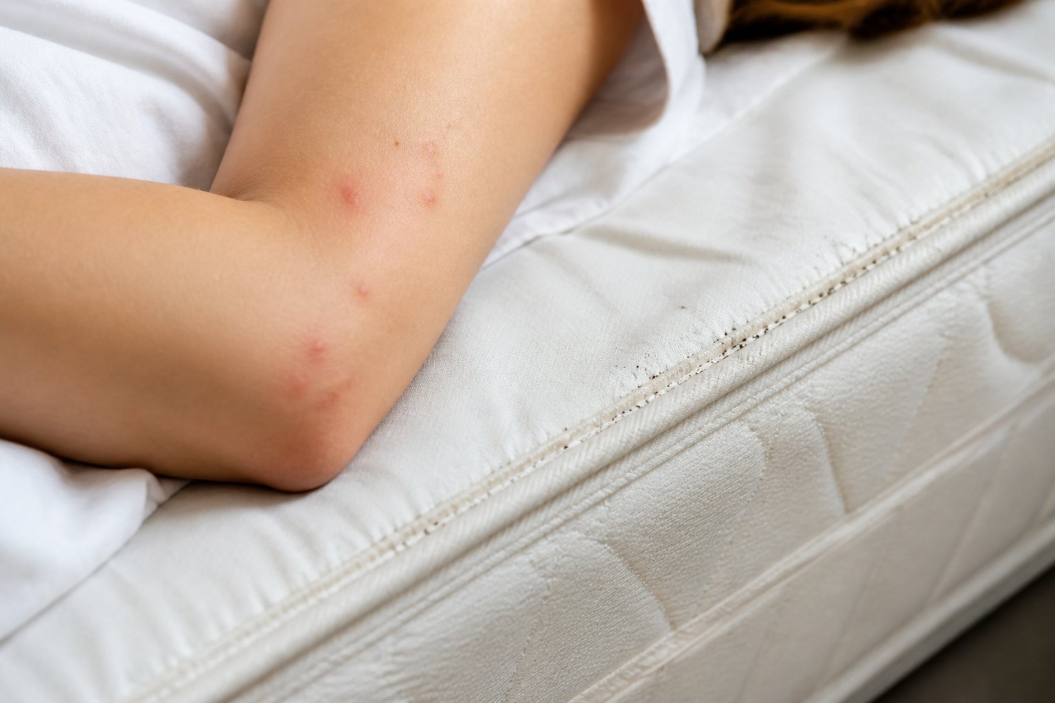 Close-up of a person's arm with small red bite marks resting on a bed showing subtle signs of bed bugs on the mattress.