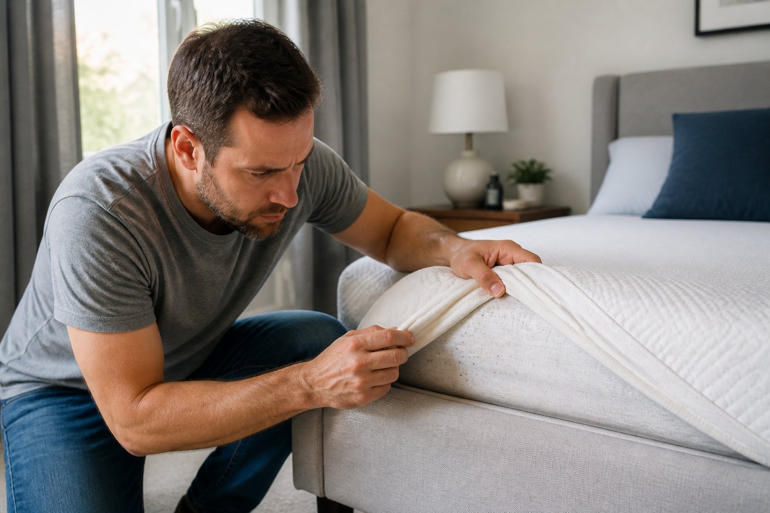 An adult carefully inspecting the corner of a mattress in a tidy bedroom.