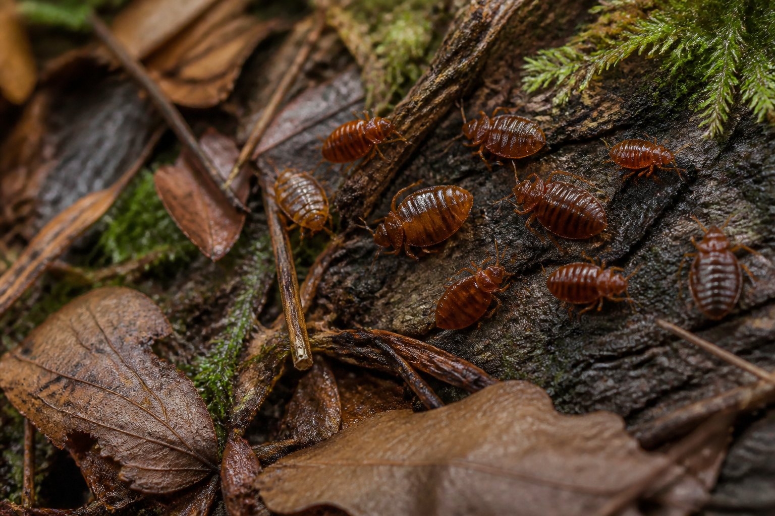 Close-up of bed bugs crawling on tree bark and forest floor covered with leaves and moss.