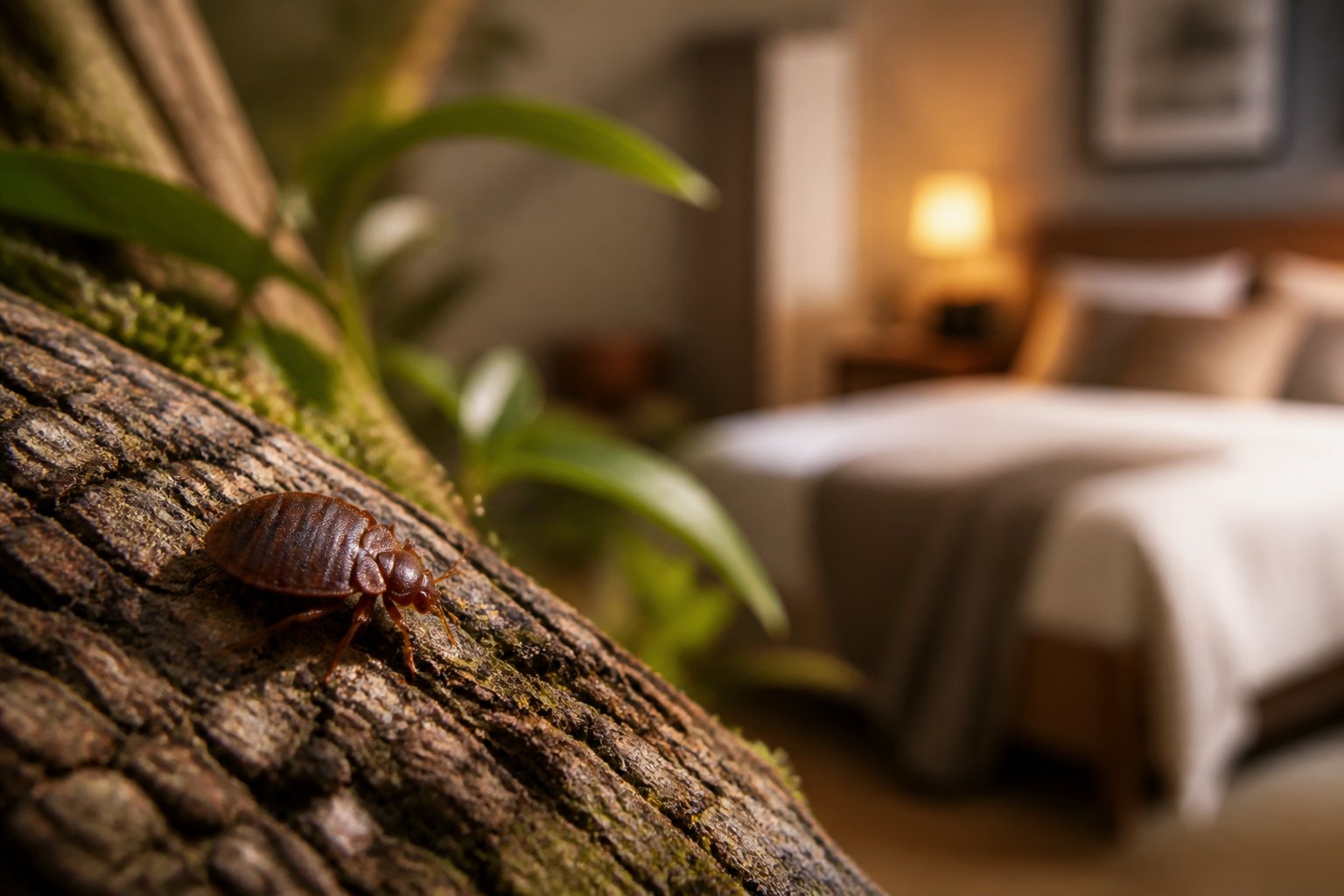 Close-up of a bed bug on tree bark with a blurred modern bedroom in the background.