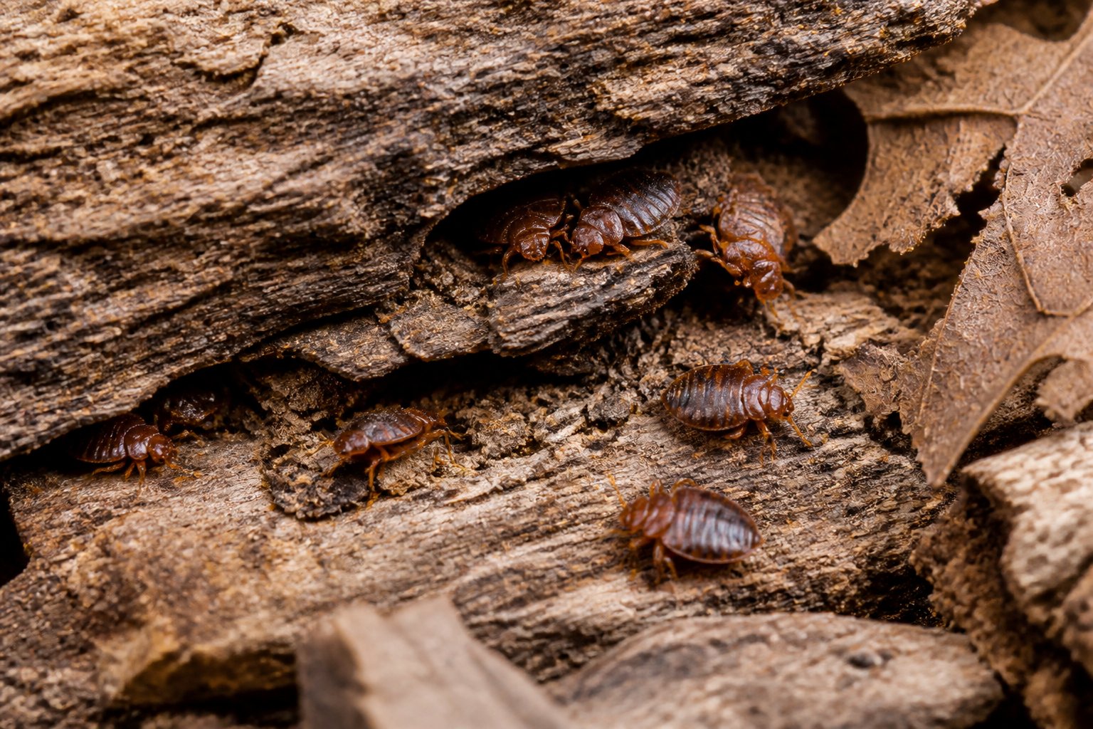 Close-up of bed bugs hiding in natural crevices of wood and dried leaves in a forest floor setting.