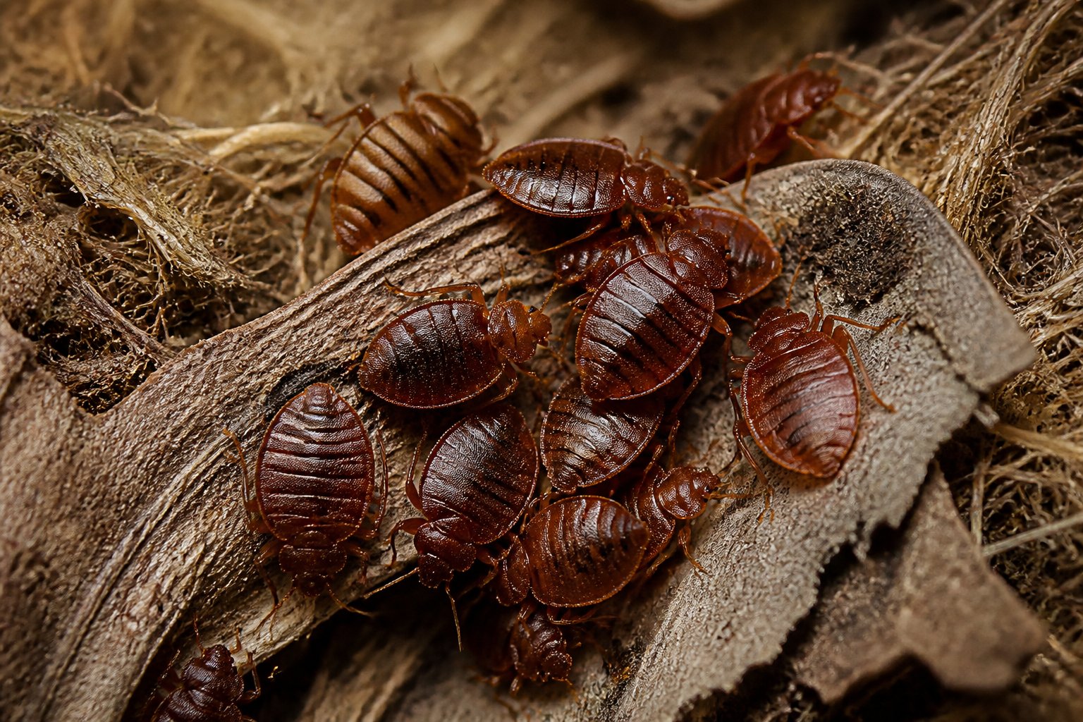 Close-up of bed bugs crawling on natural materials like dried leaves and bark in an outdoor setting.